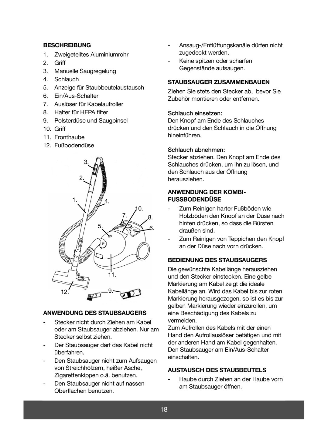 Melissa 640-049 Beschreibung, Anwendung Des Staubsaugers, Staubsauger Zusammenbauen, Anwendung Der Kombi Fussbodendüse 