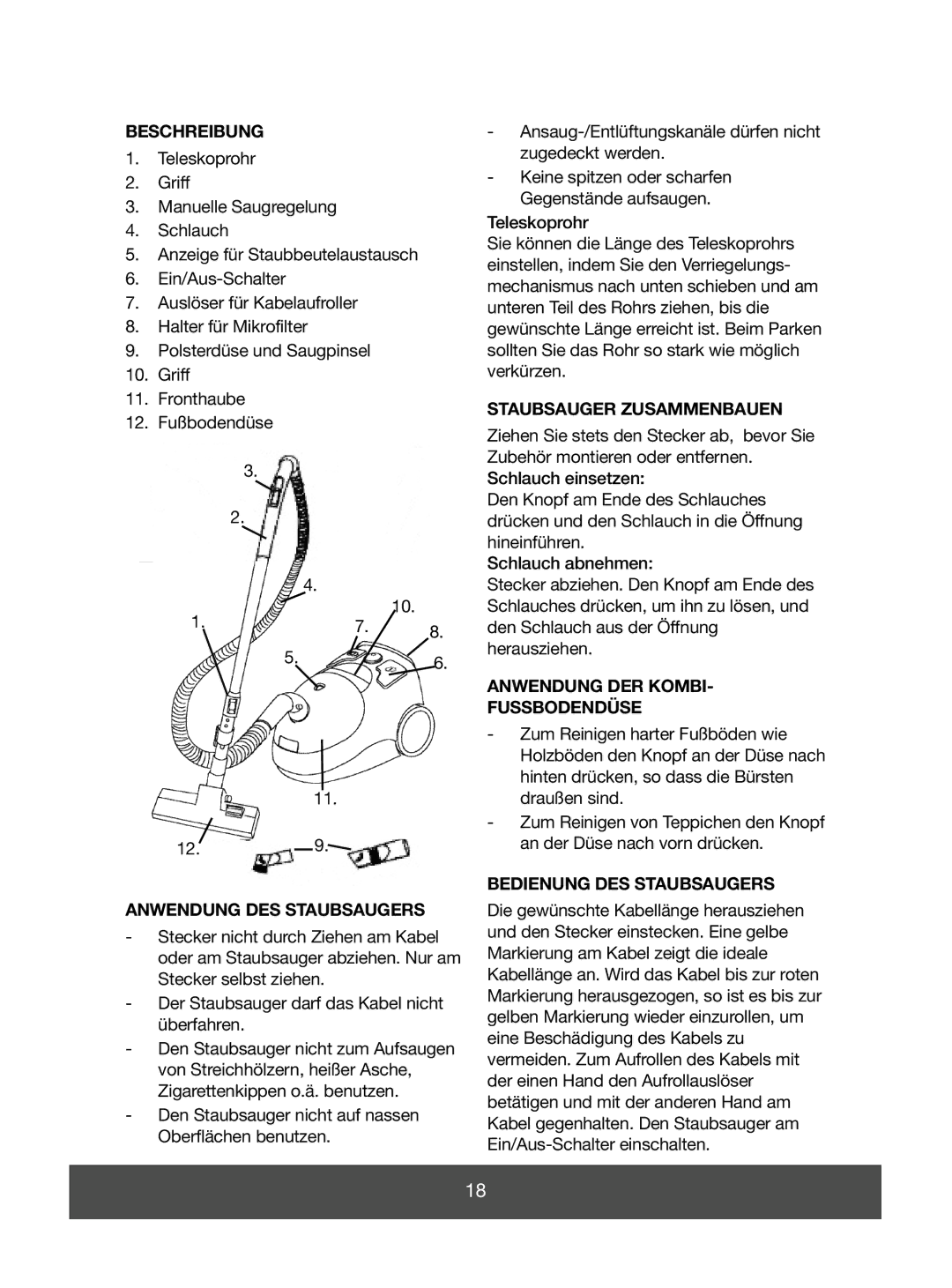 Melissa 640-055 Beschreibung, Anwendung DES Staubsaugers, Staubsauger Zusammenbauen, Anwendung DER Kombi Fussbodendüse 