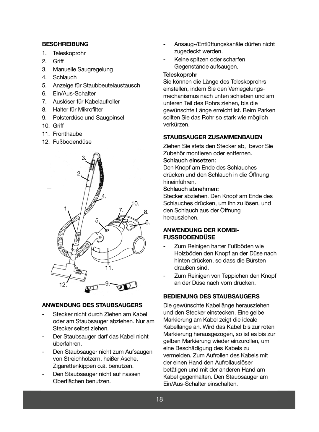 Melissa 640-055 Beschreibung, Anwendung Des Staubsaugers, Staubsauger Zusammenbauen, Anwendung Der Kombi Fussbodendüse 