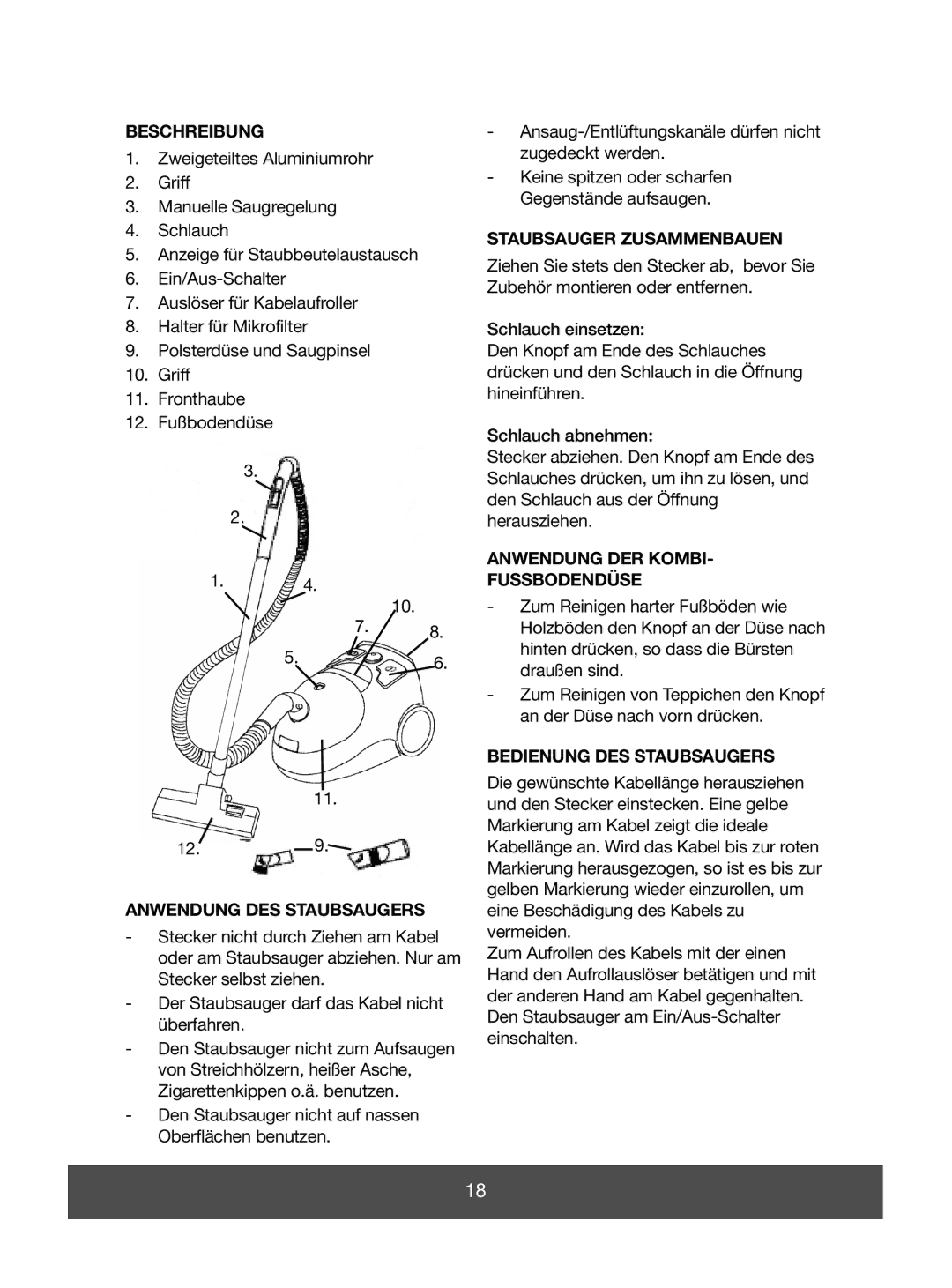 Melissa 640-056 Beschreibung, Anwendung DES Staubsaugers, Staubsauger Zusammenbauen, Anwendung DER Kombi Fussbodendüse 