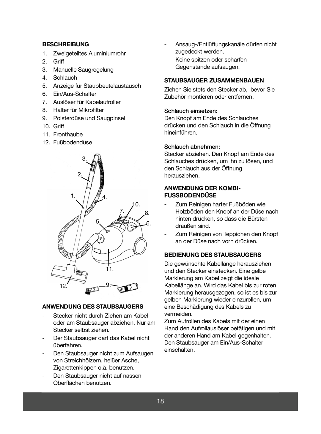 Melissa 640-056 Beschreibung, Anwendung Des Staubsaugers, Staubsauger Zusammenbauen, Anwendung Der Kombi Fussbodendüse 