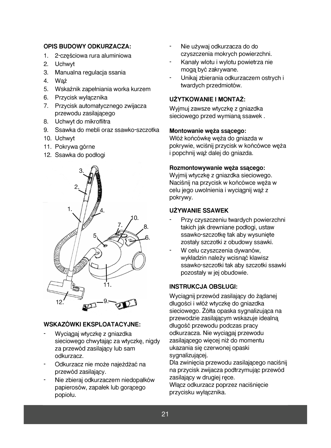Melissa 640-056 manual Opis Budowy Odkurzacza, Wskazówki Eksploatacyjne, U˚Ytkowanie I Monta˚, Montowanie w´˝a ssàcego 