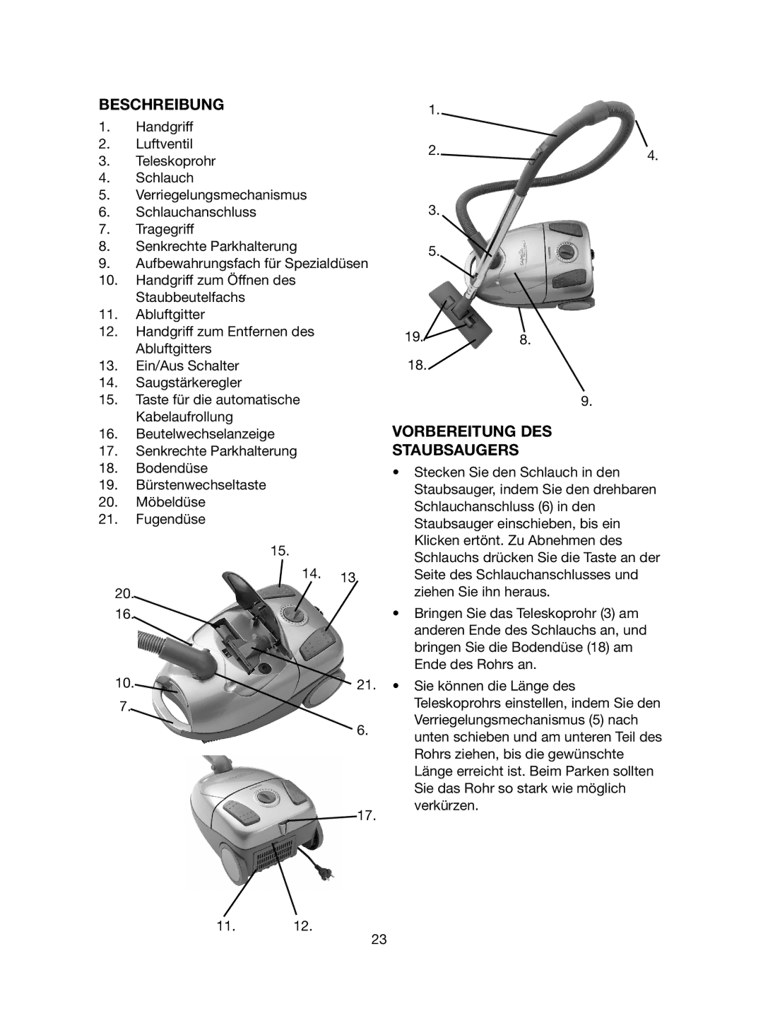 Melissa 640-058 manual Beschreibung, Vorbereitung DES Staubsaugers 