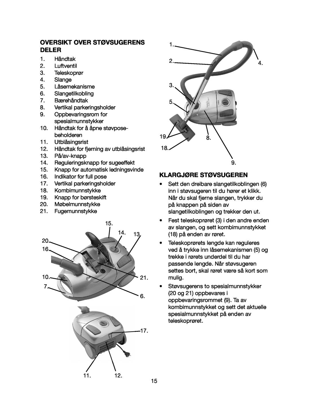 Melissa 640-058 manual Oversikt Over Støvsugerens, Deler, Klargjøre Støvsugeren, ved å trykke inn låsemekanismen 5 og 
