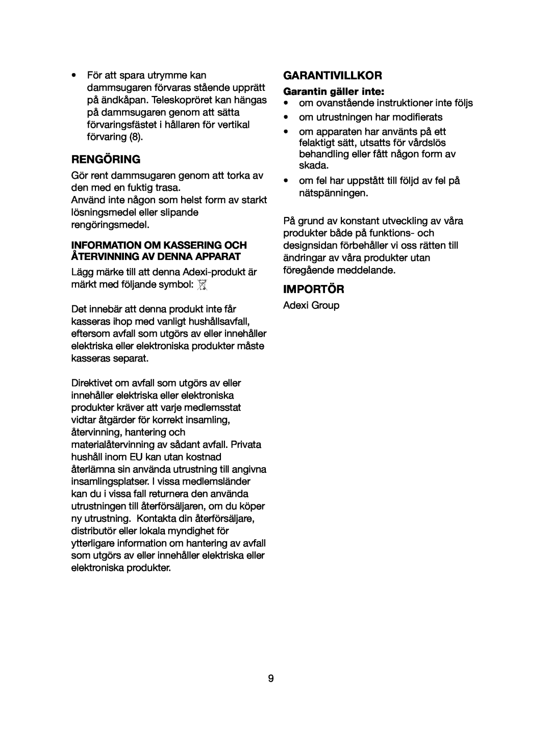 Melissa 640-058 manual Rengöring, Garantivillkor, Importör, Information Om Kassering Och Återvinning Av Denna Apparat 