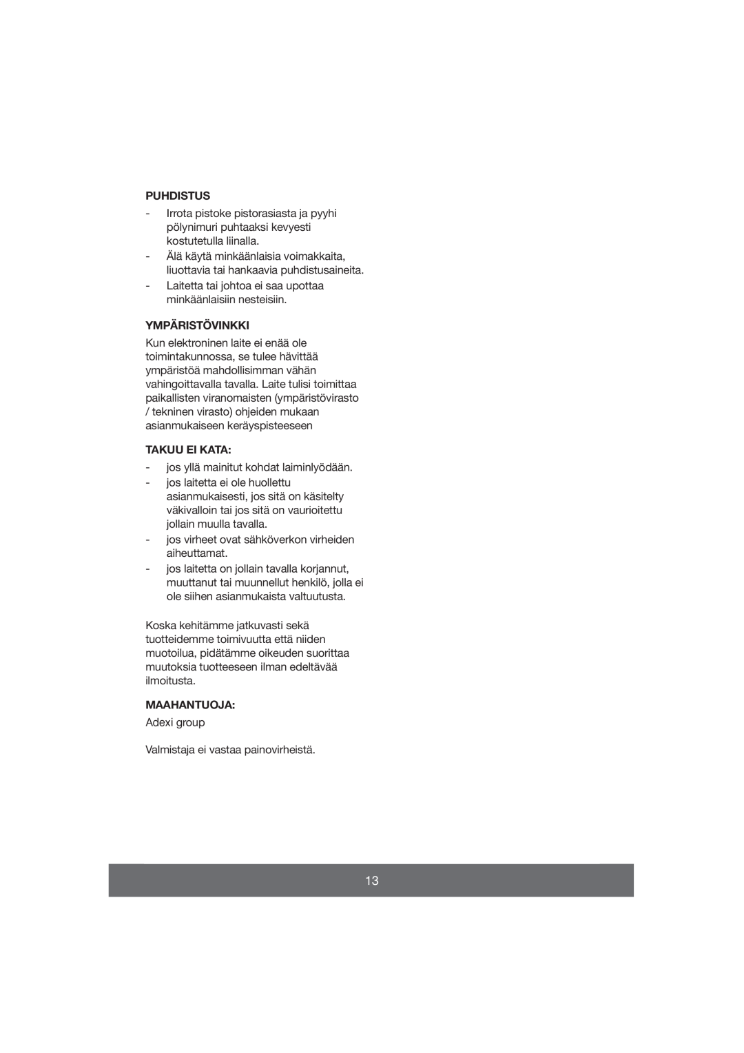 Melissa 640-059 manual Puhdistus, Ympäristövinkki, Takuu Ei Kata, Maahantuoja 
