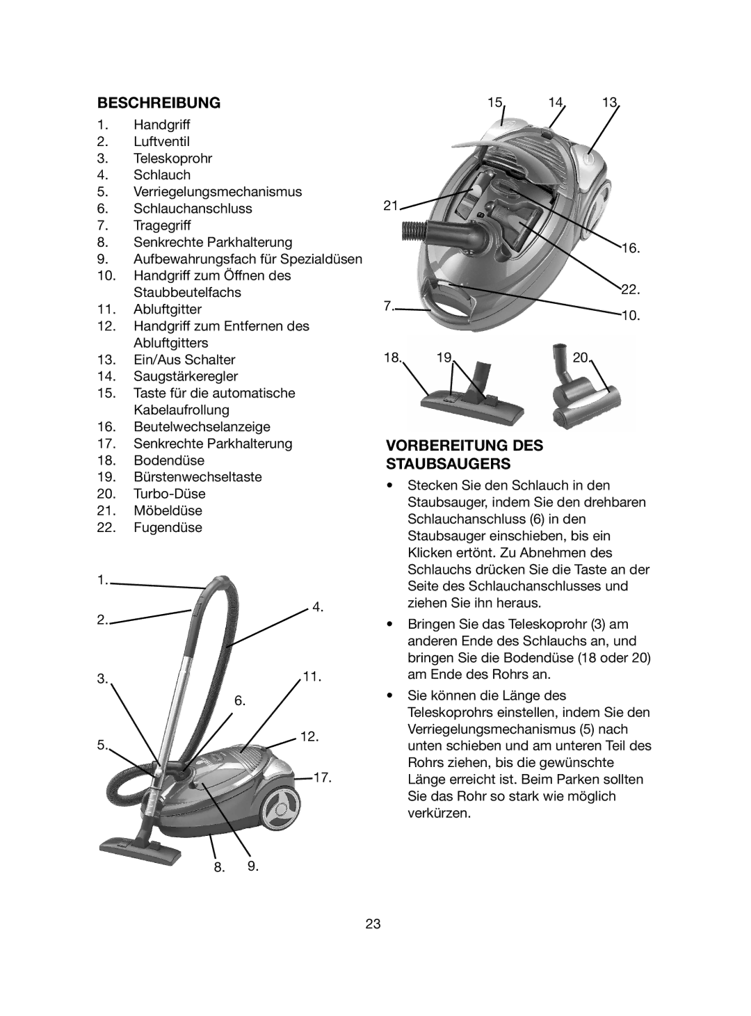 Melissa 640-062 manual Beschreibung, Vorbereitung DES, Staubsaugers 