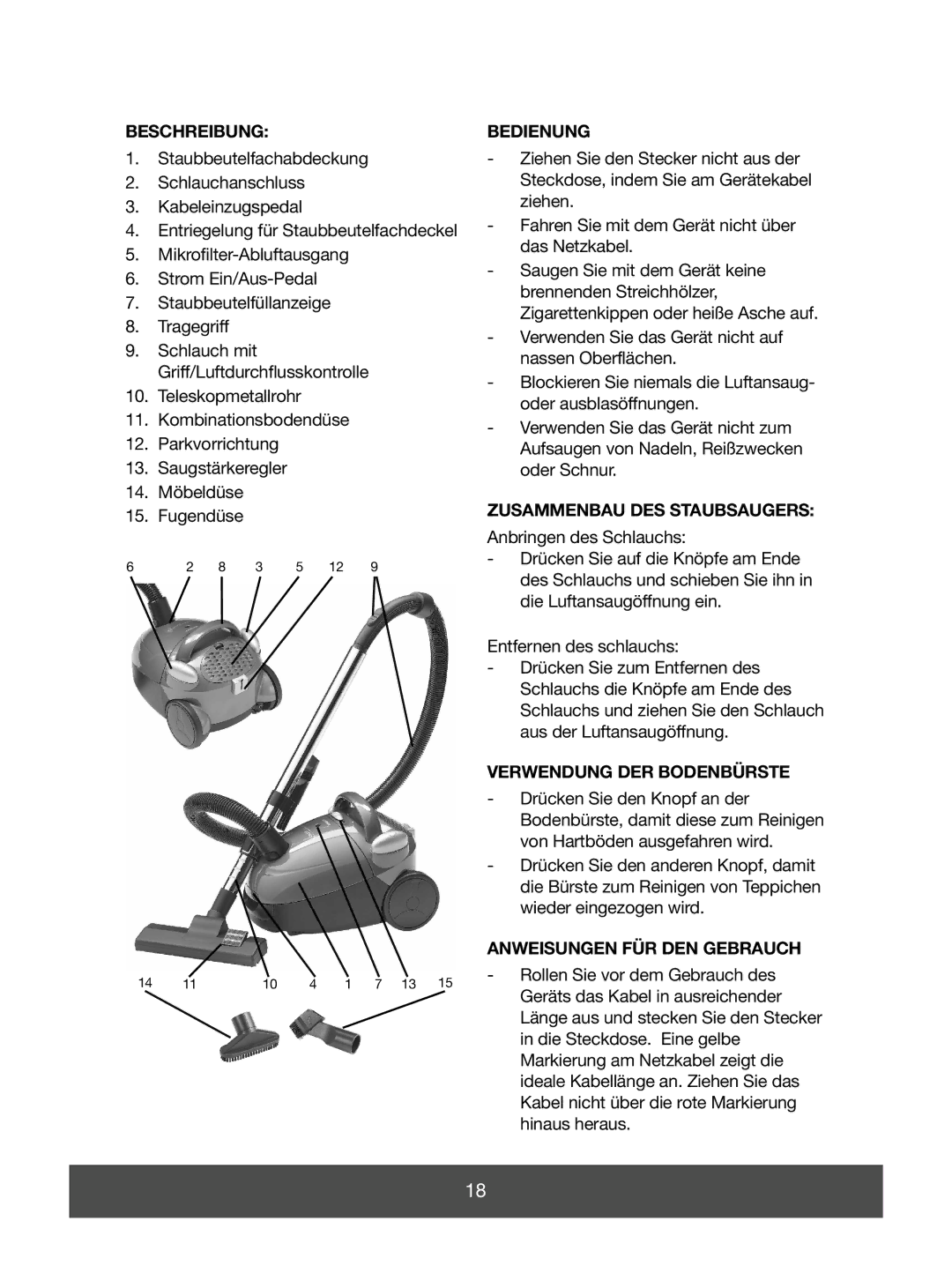 Melissa 640-063, 640-054 manual Beschreibung, Bedienung, Zusammenbau DES Staubsaugers, Verwendung DER Bodenbürste 