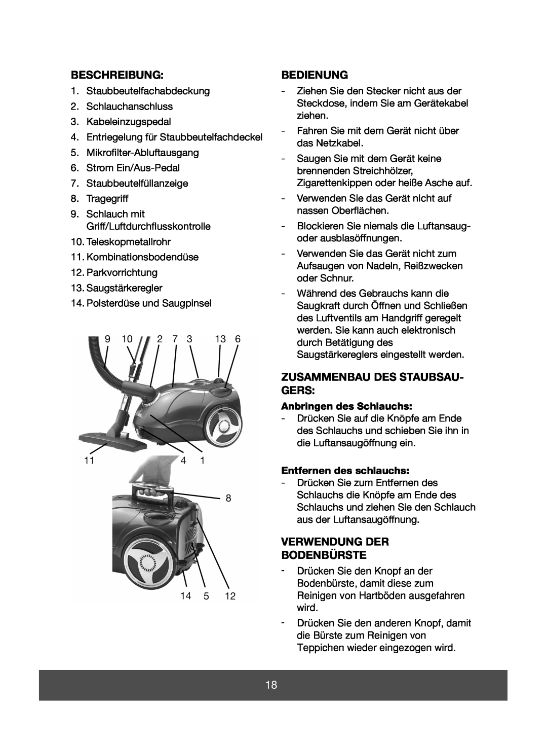 Melissa 640-064 manual Beschreibung, Bedienung, Zusammenbau Des Staubsau- Gers, Verwendung Der Bodenbürste 