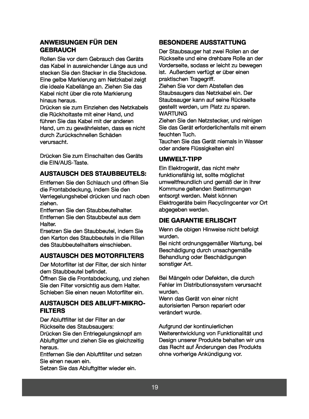Melissa 640-064 manual Anweisungen Für Den Gebrauch, Austausch Des Staubbeutels, Austausch Des Motorfilters, Umwelt-Tipp 