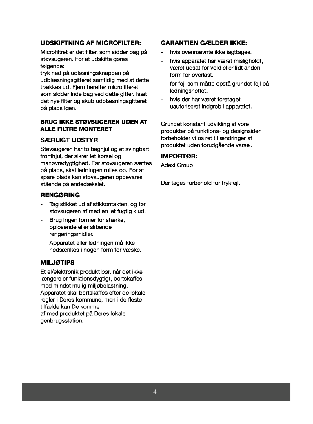 Melissa 640-064 manual Udskiftning Af Microfilter, Særligt Udstyr, Rengøring, Miljøtips, Garantien Gælder Ikke, Importør 