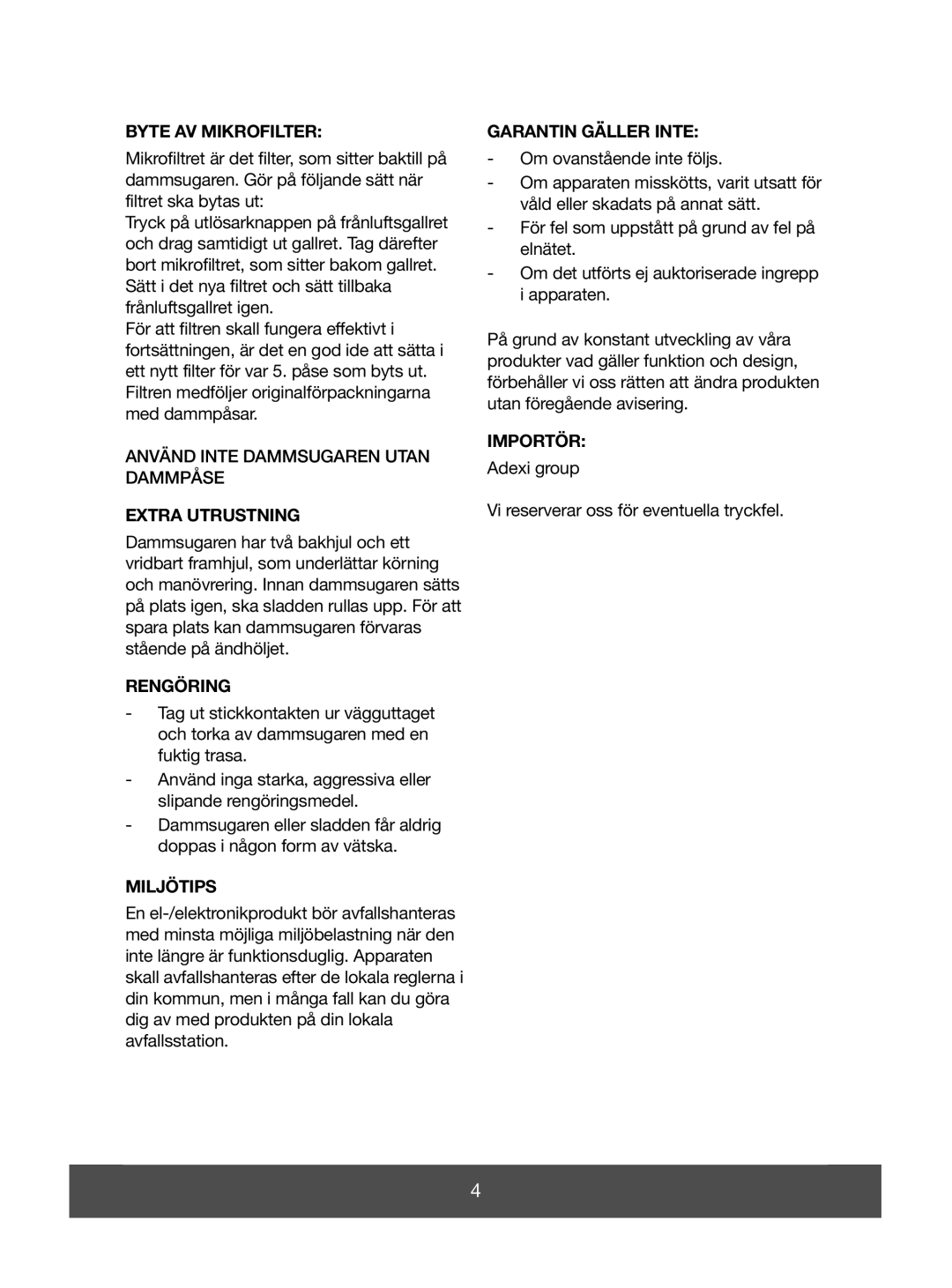 Melissa 640-070 manual Byte Av Mikrofilter, Extra Utrustning, Rengöring, Miljötips, Garantin Gäller Inte, Importör 