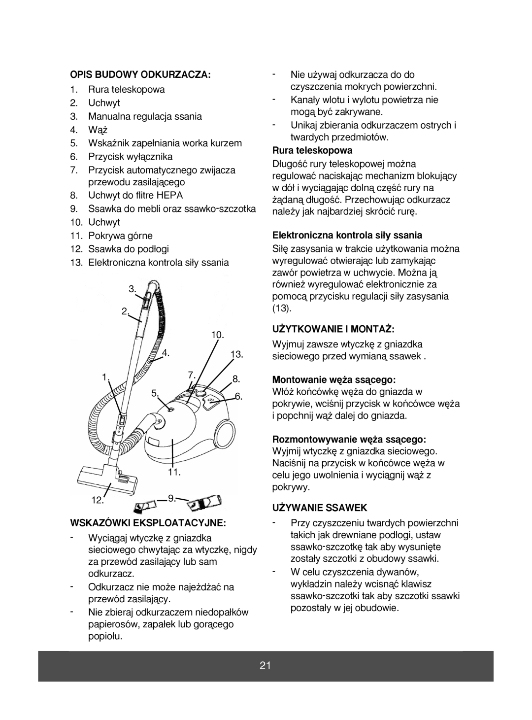Melissa 640-071 manual Opis Budowy Odkurzacza, Rura teleskopowa, Elektroniczna kontrola si∏y ssania, U˚Ytkowanie I Monta˚ 