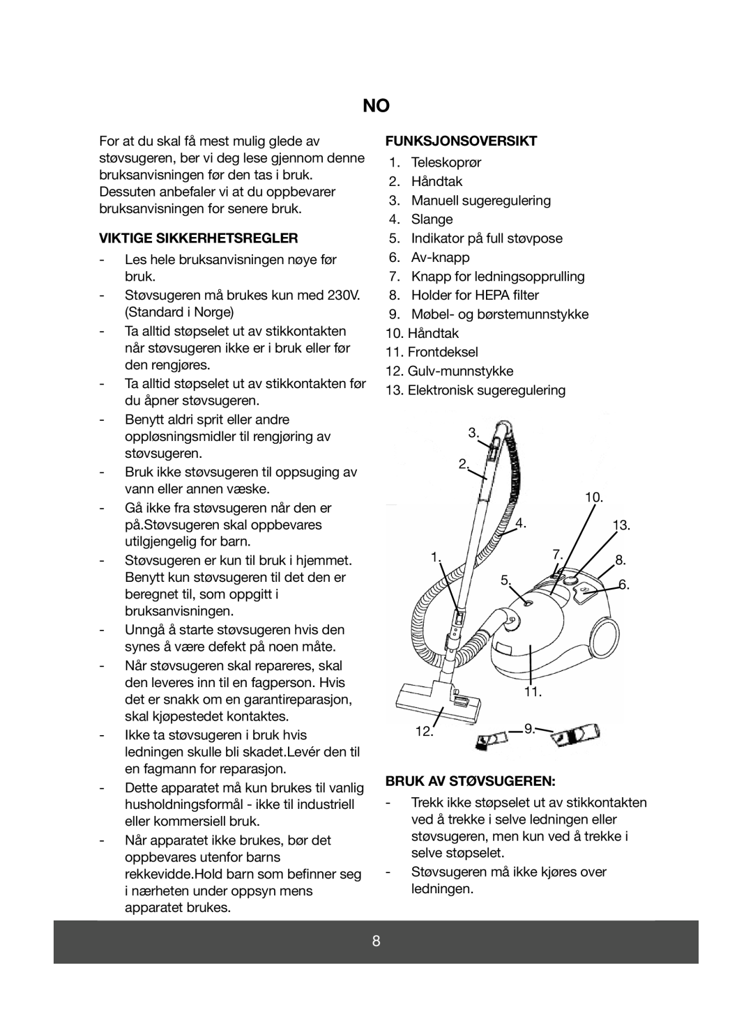 Melissa 640-071 manual Viktige Sikkerhetsregler, Funksjonsoversikt, Bruk Av Støvsugeren 