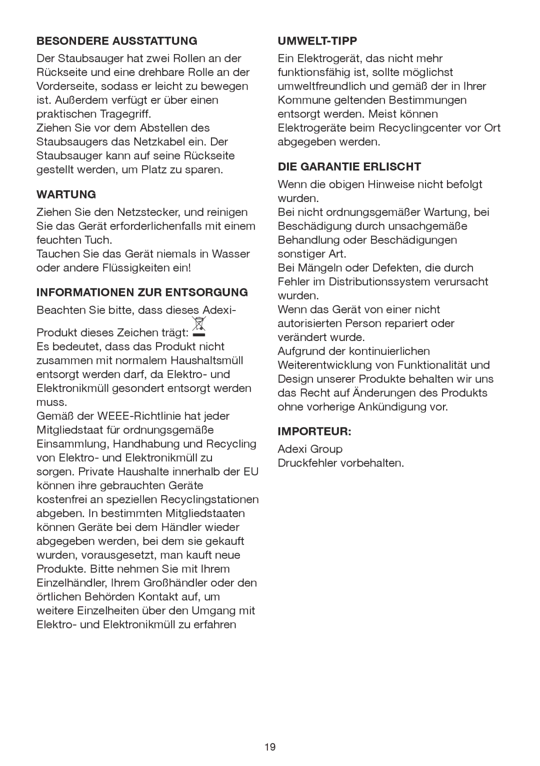 Melissa 640-074 manual Besondere Ausstattung, Wartung, Informationen ZUR Entsorgung, Umwelt-Tipp, DIE Garantie Erlischt 