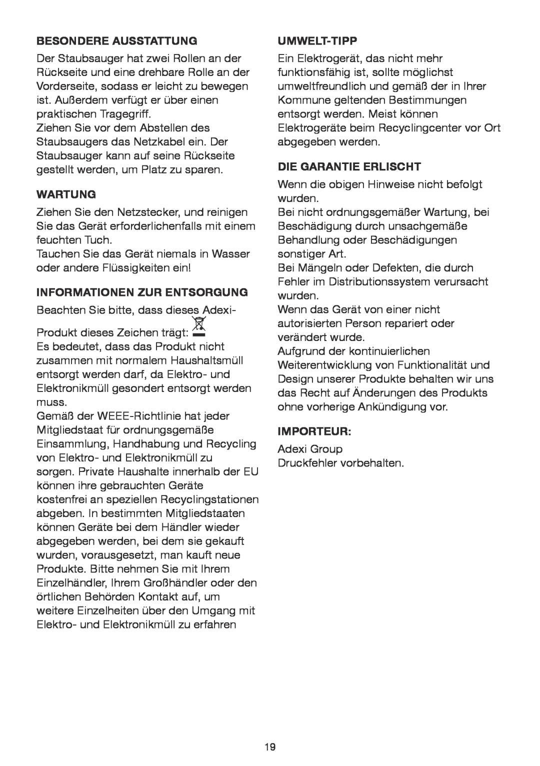 Melissa 640-074 manual Besondere Ausstattung, Wartung, Informationen Zur Entsorgung, Umwelt-Tipp, Die Garantie Erlischt 