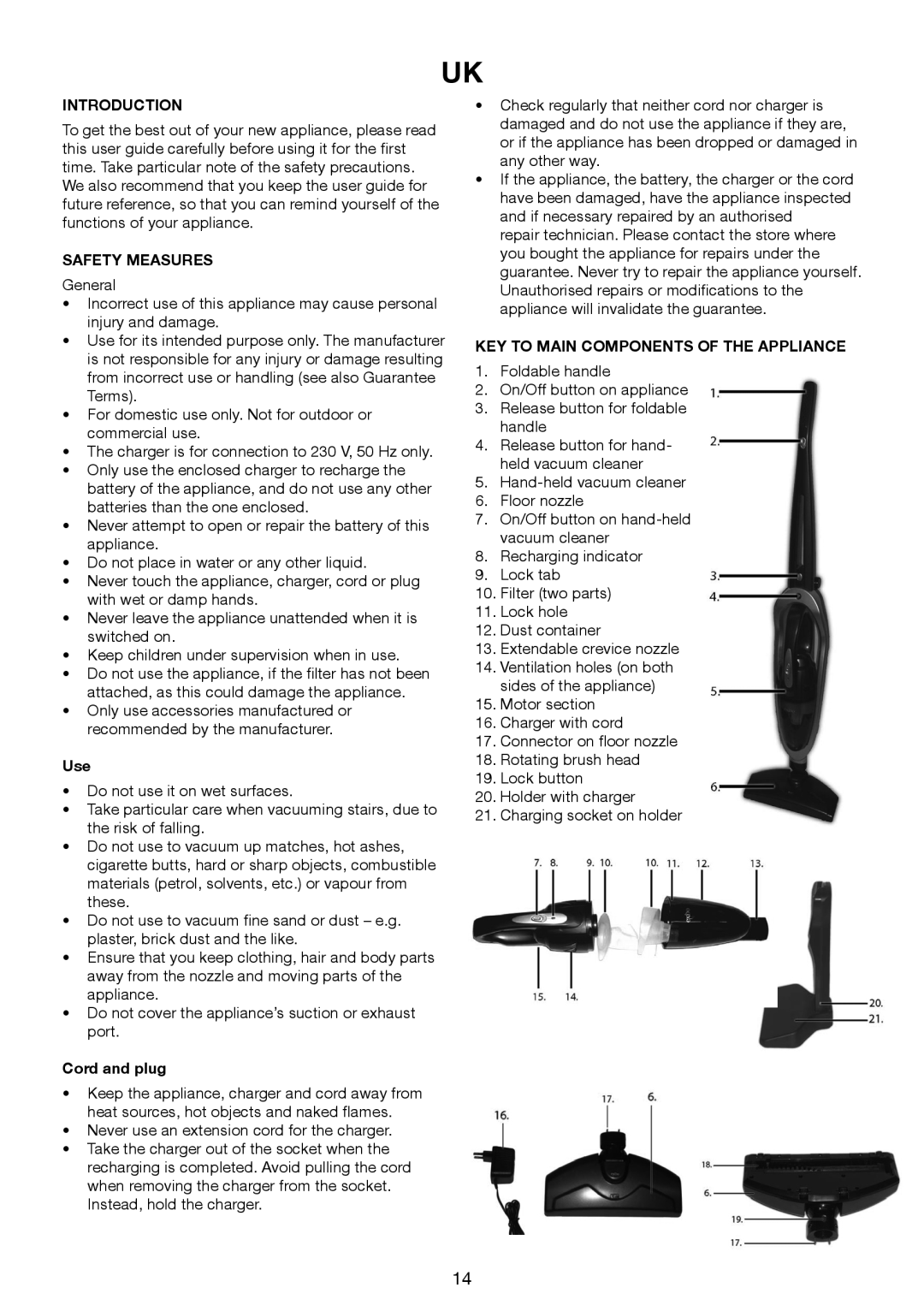 Melissa 640-075 manual Introduction, Safety Measures, Use, Cord and plug, KEY to Main Components of the Appliance 