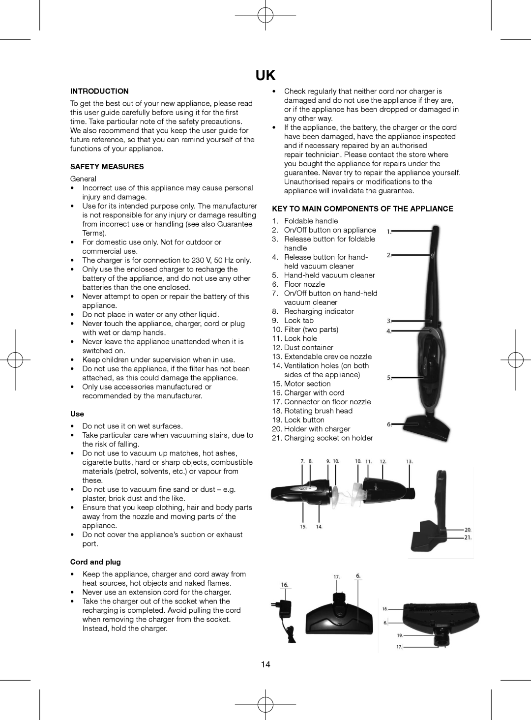 Melissa 640-075 manual Introduction, Safety Measures, Use, Cord and plug, KEY to Main Components of the Appliance 