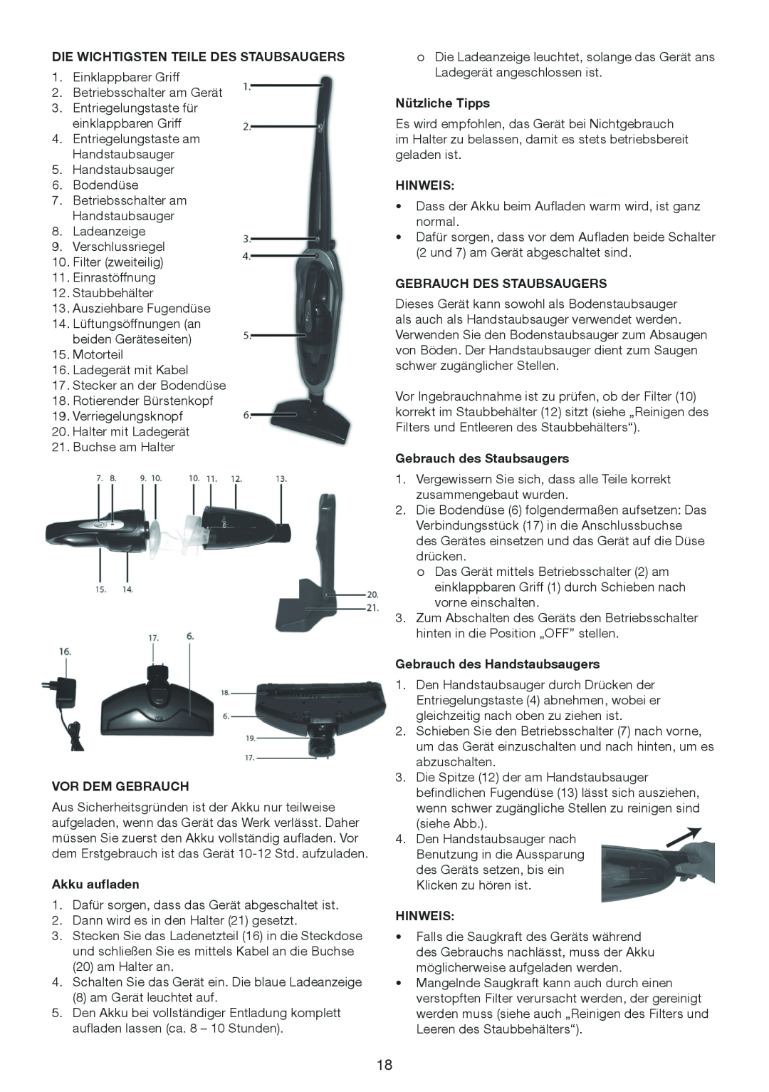 Melissa 640-075 manual Die Wichtigsten Teile Des Staubsaugers, Vor Dem Gebrauch, Akku aufladen, Nützliche Tipps, Hinweis 