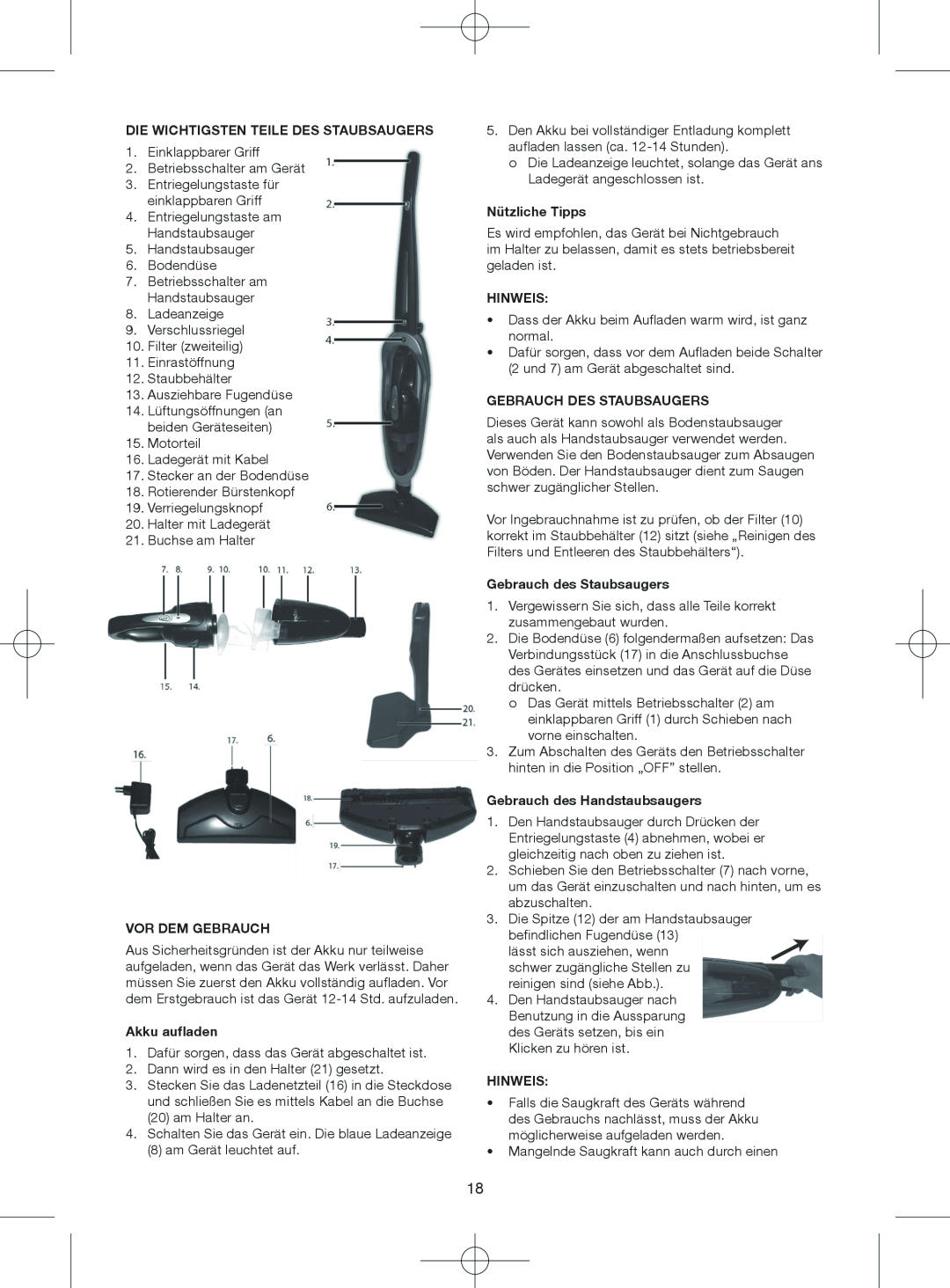 Melissa 640-075 manual Die Wichtigsten Teile Des Staubsaugers, Vor Dem Gebrauch, Akku aufladen, Nützliche Tipps, Hinweis 