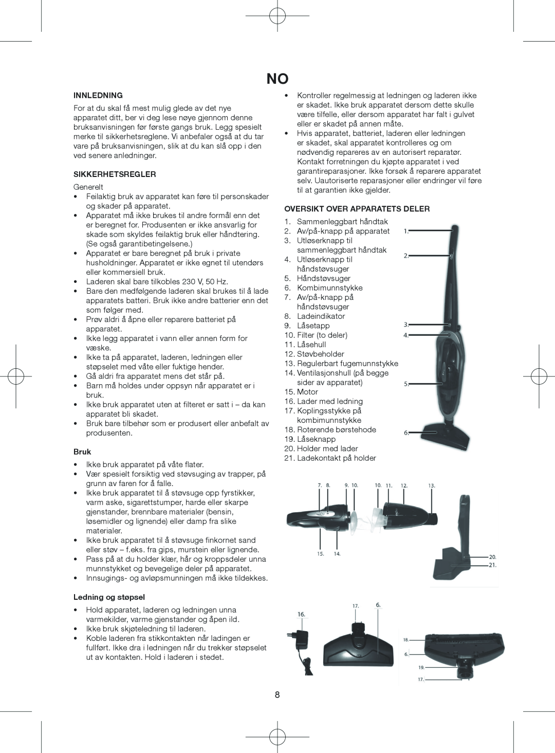 Melissa 640-075 manual Innledning, Sikkerhetsregler, Bruk, Ledning og støpsel, Oversikt Over Apparatets Deler 