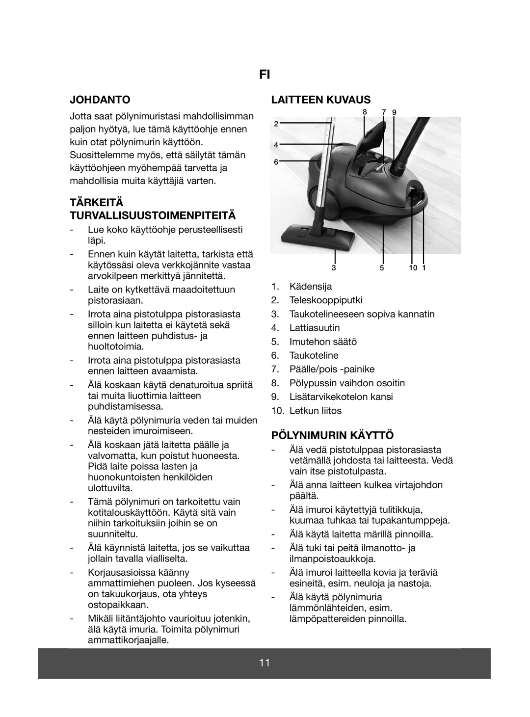 Melissa 640-089 manual Johdanto, Tärkeitä Turvallisuustoimenpiteitä, Laitteen Kuvaus, Pölynimurin Käyttö 