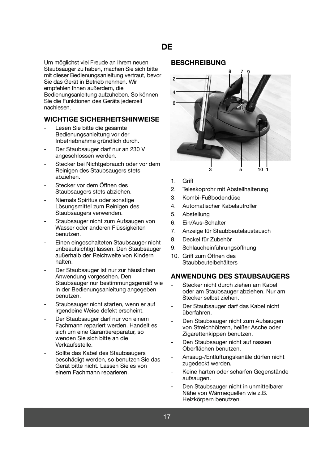 Melissa 640-089 manual Wichtige Sicherheitshinweise, Beschreibung, Anwendung Des Staubsaugers 