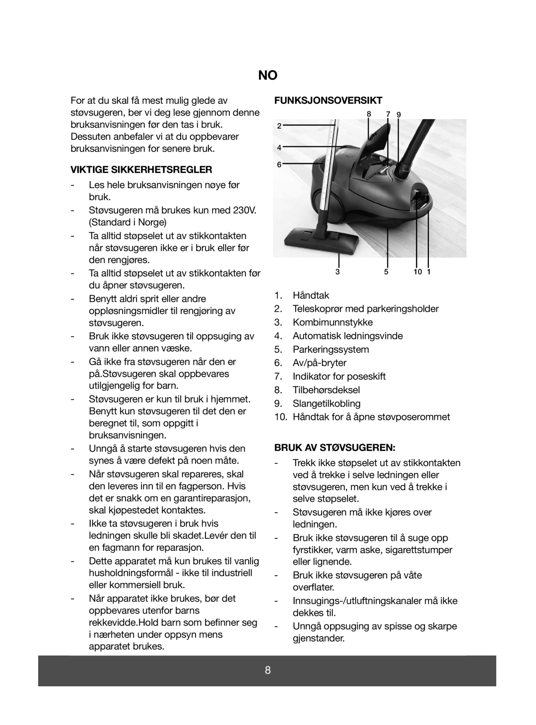 Melissa 640-089 manual Viktige Sikkerhetsregler, Funksjonsoversikt, Bruk Av Støvsugeren 