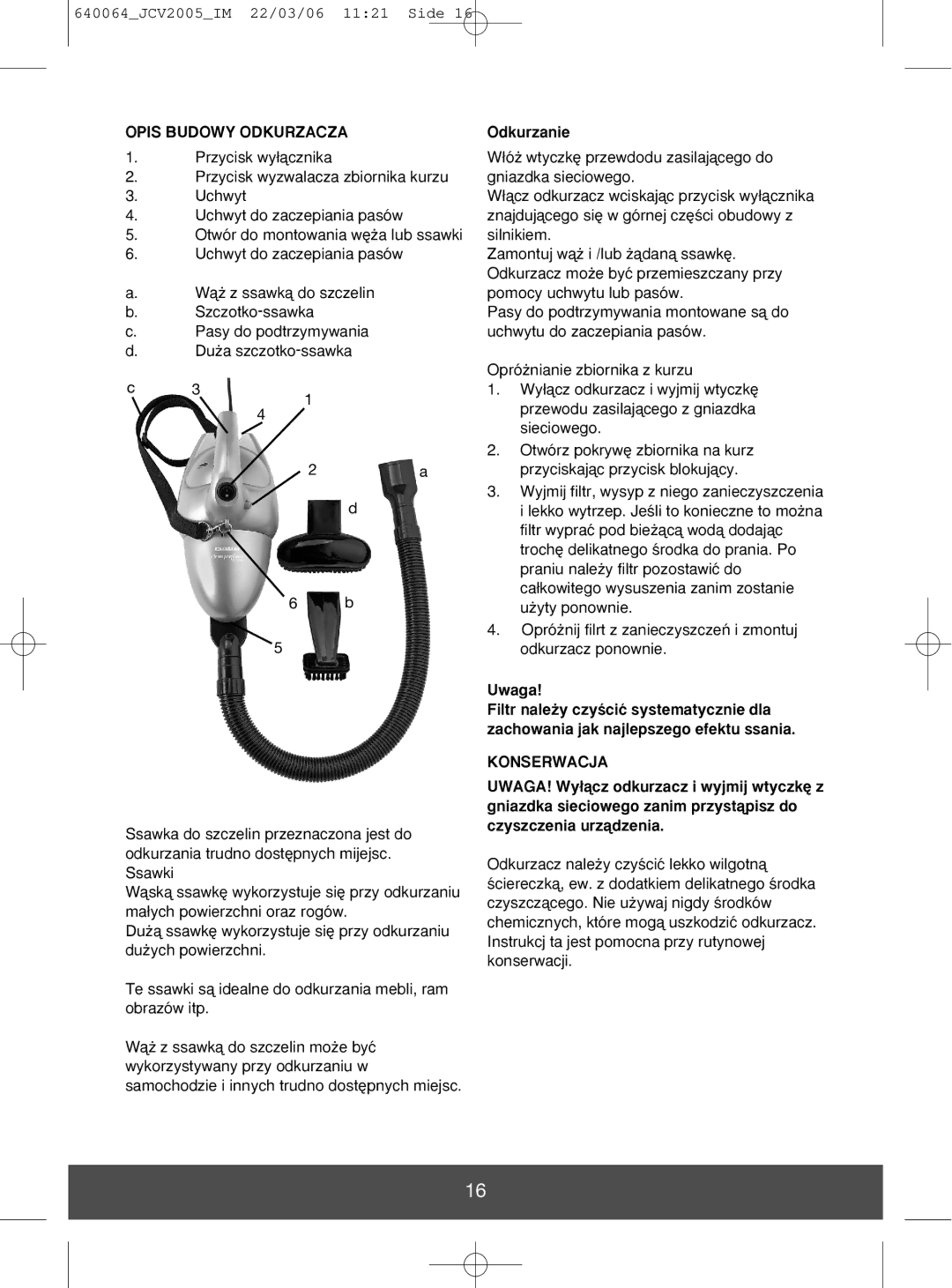 Melissa 640-091, 640-092 manual Opis Budowy Odkurzacza, Konserwacja 