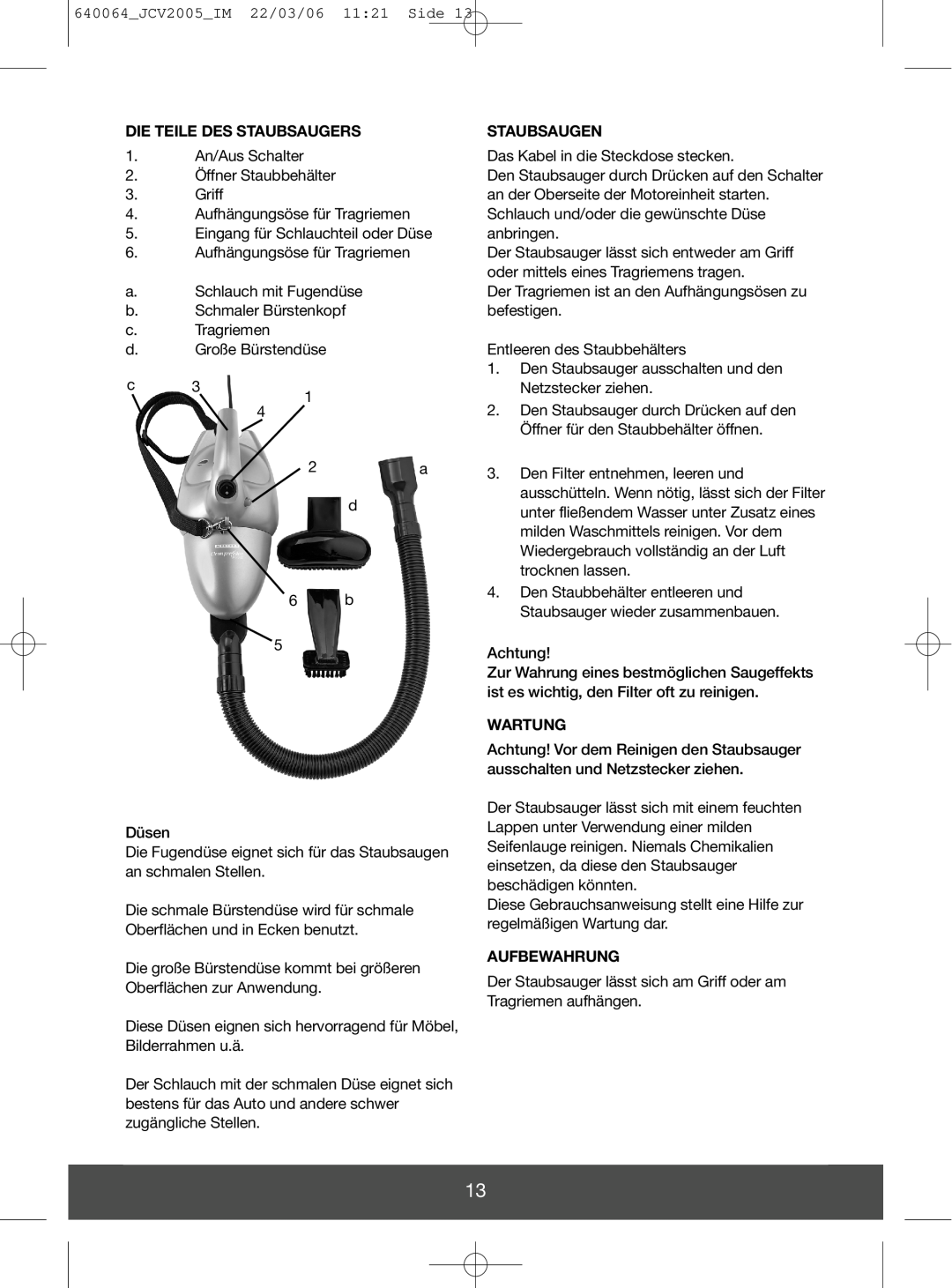 Melissa 640-092, 640-091 manual Die Teile Des Staubsaugers, Staubsaugen, Wartung, Aufbewahrung 