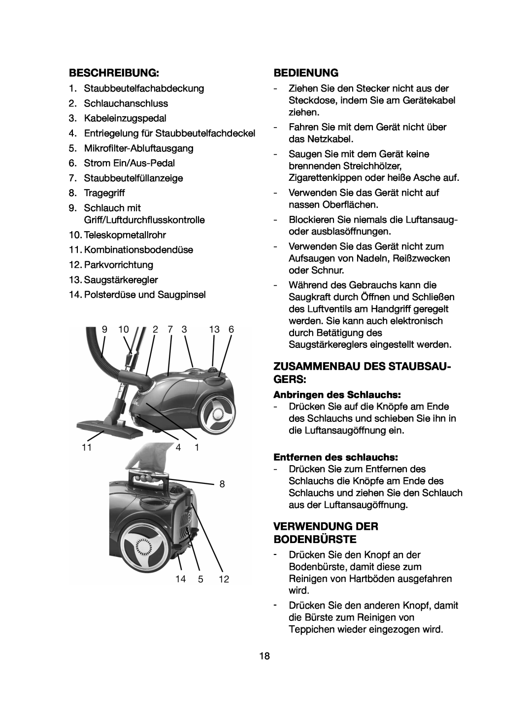 Melissa 640-107 manual Beschreibung, Bedienung, Zusammenbau Des Staubsau- Gers, Verwendung Der Bodenbürste 