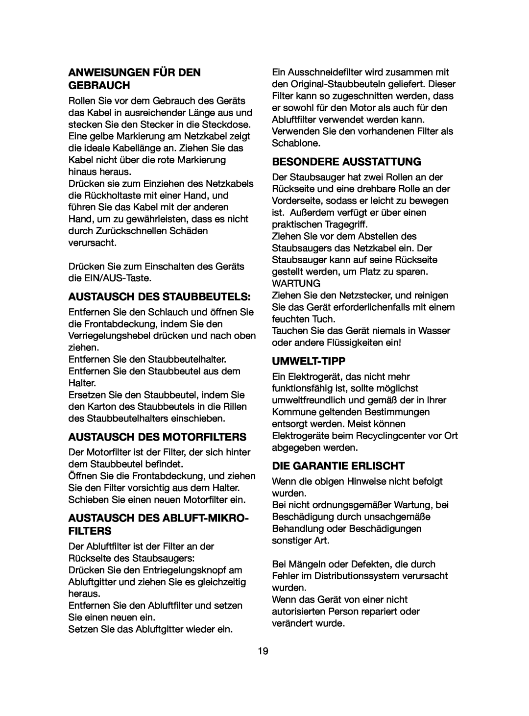 Melissa 640-107 manual Anweisungen Für Den Gebrauch, Austausch Des Staubbeutels, Austausch Des Motorfilters, Umwelt-Tipp 