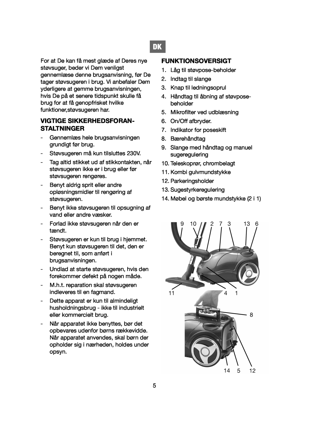Melissa 640-107 manual Vigtige Sikkerhedsforan- Staltninger, Funktionsoversigt 
