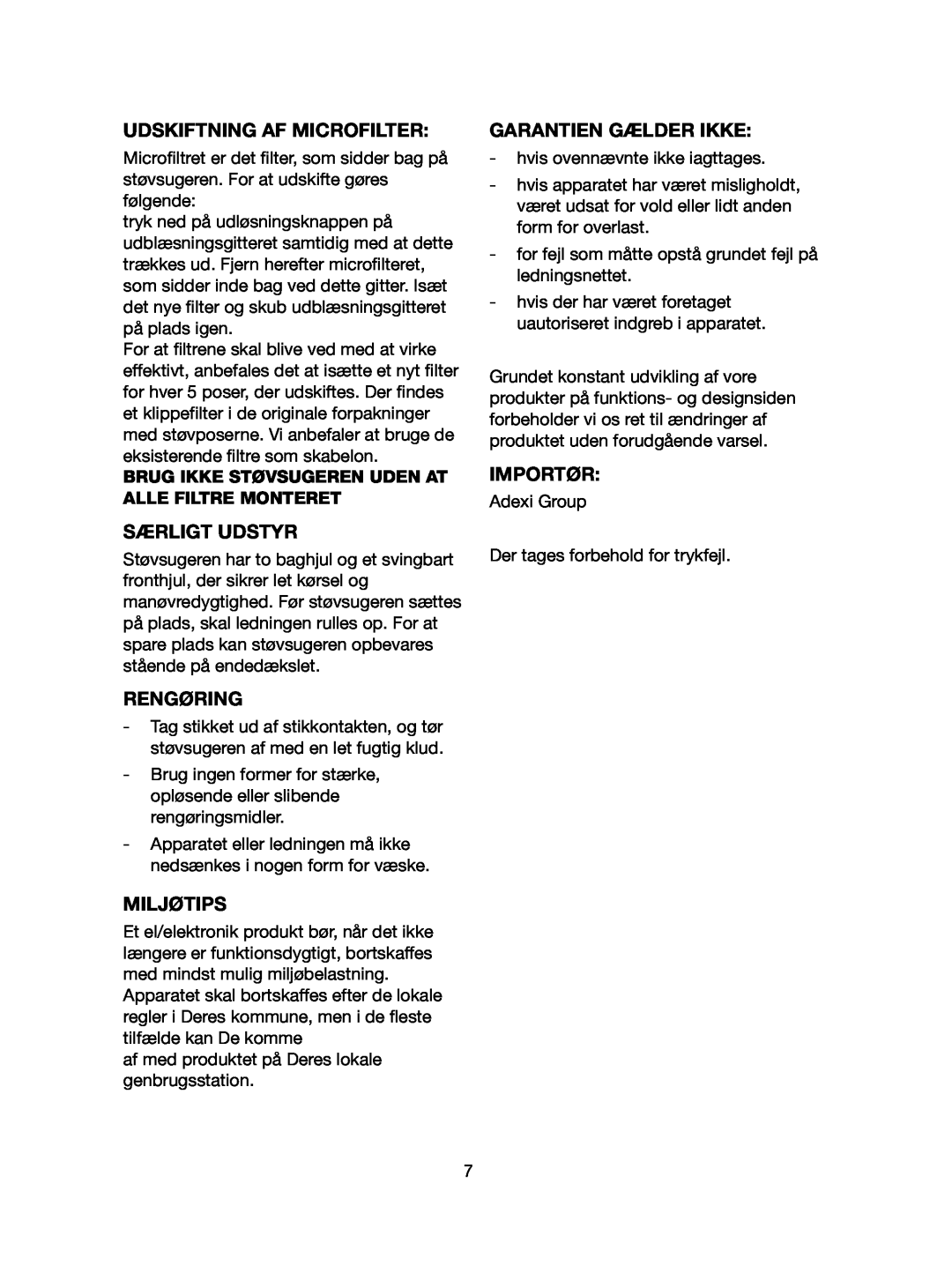 Melissa 640-107 manual Udskiftning Af Microfilter, Særligt Udstyr, Rengøring, Garantien Gælder Ikke, Miljøtips, Importør 