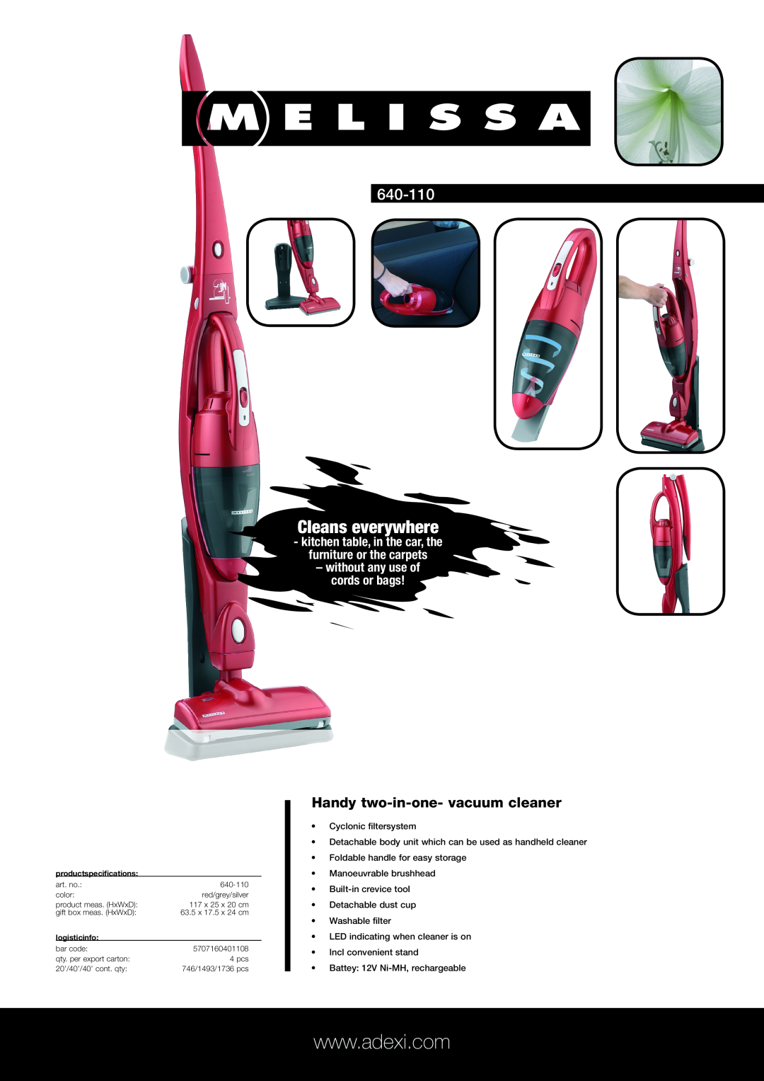 Melissa 640-108 specifications Cleans everywhere, 640-110, Handy two-in-one-vacuum cleaner 