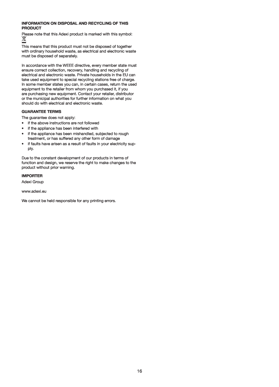 Melissa 640-110/114/127 manual Guarantee Terms, Importer 