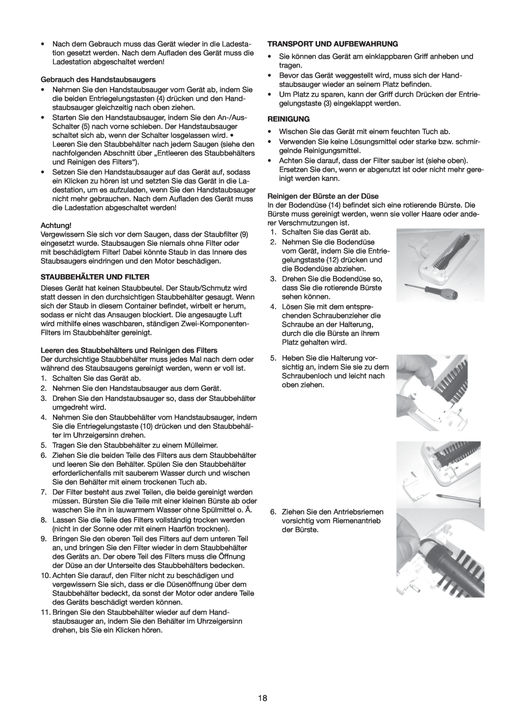 Melissa 640-110/114/127 manual Staubbehälter Und Filter, Transport Und Aufbewahrung, Reinigung 