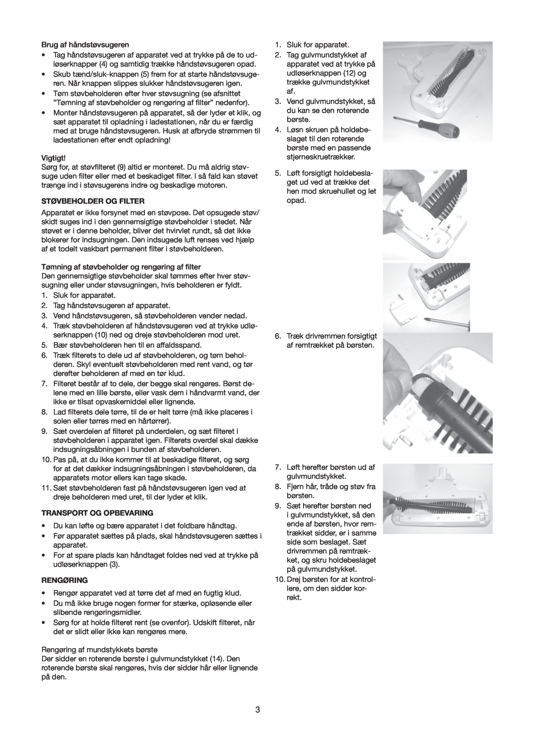 Melissa 640-110/114/127 manual Støvbeholder Og Filter, Transport Og Opbevaring, Rengøring 