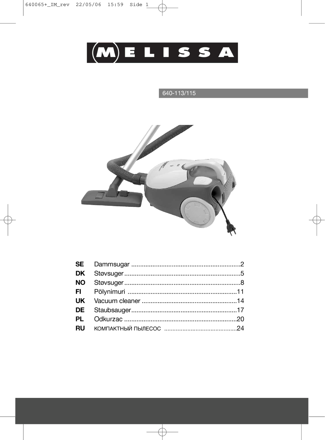 Melissa 640-113/115 manual Компактный Пылесос 