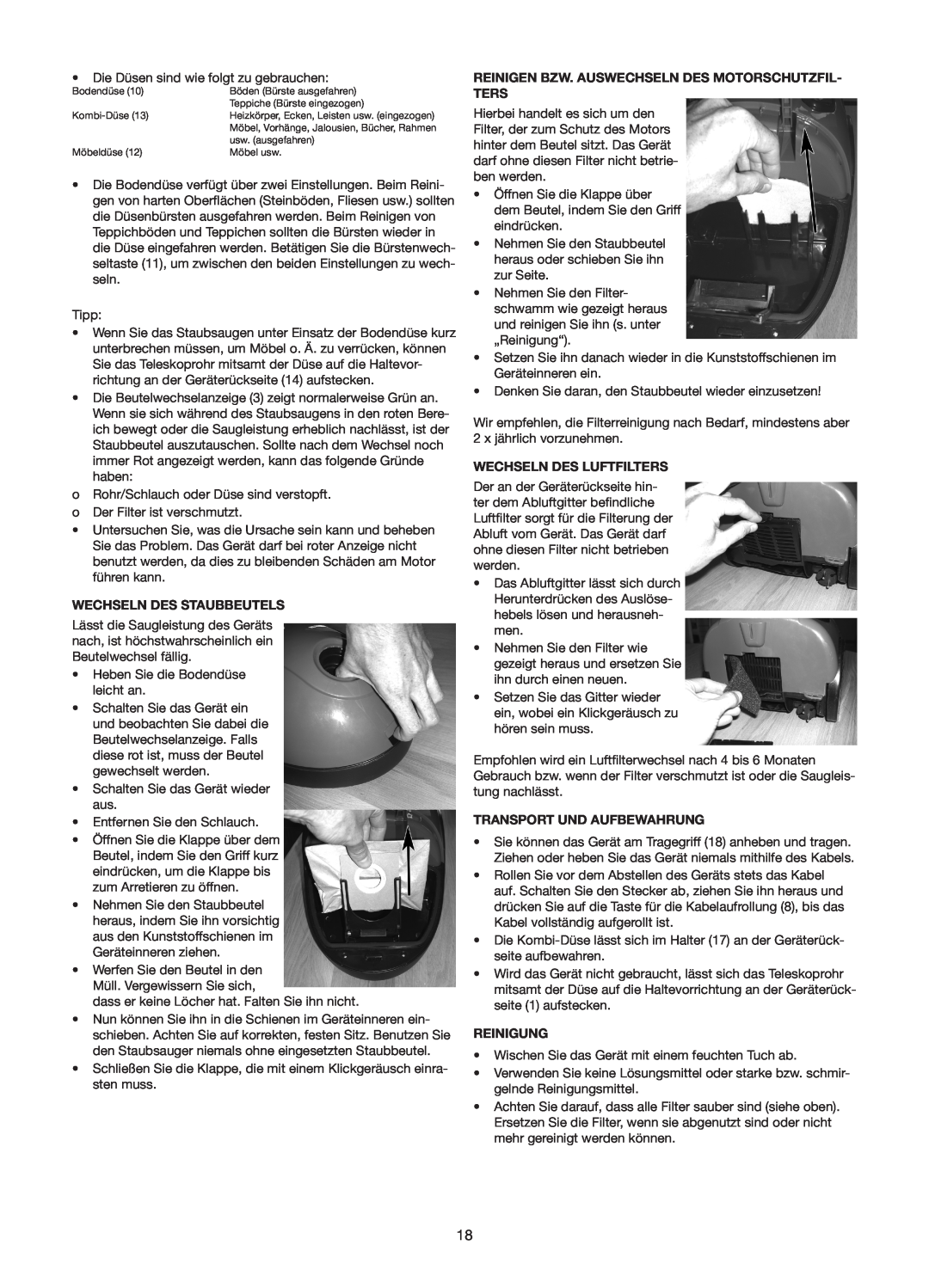 Melissa 640-116, 640-131 manual Wechseln Des Staubbeutels, Wechseln Des Luftfilters, Transport Und Aufbewahrung, Reinigung 