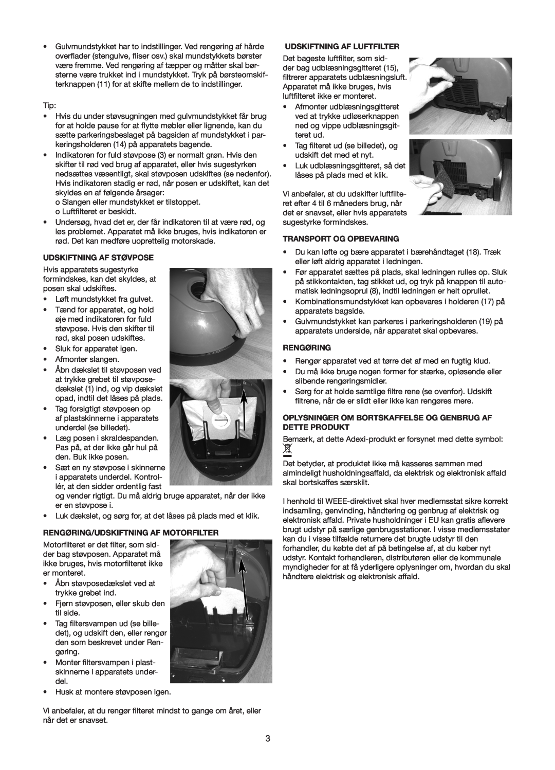 Melissa 640-131, 640-116 manual Udskiftning Af Støvpose, Rengøring/Udskiftning Af Motorfilter, Udskiftning Af Luftfilter 