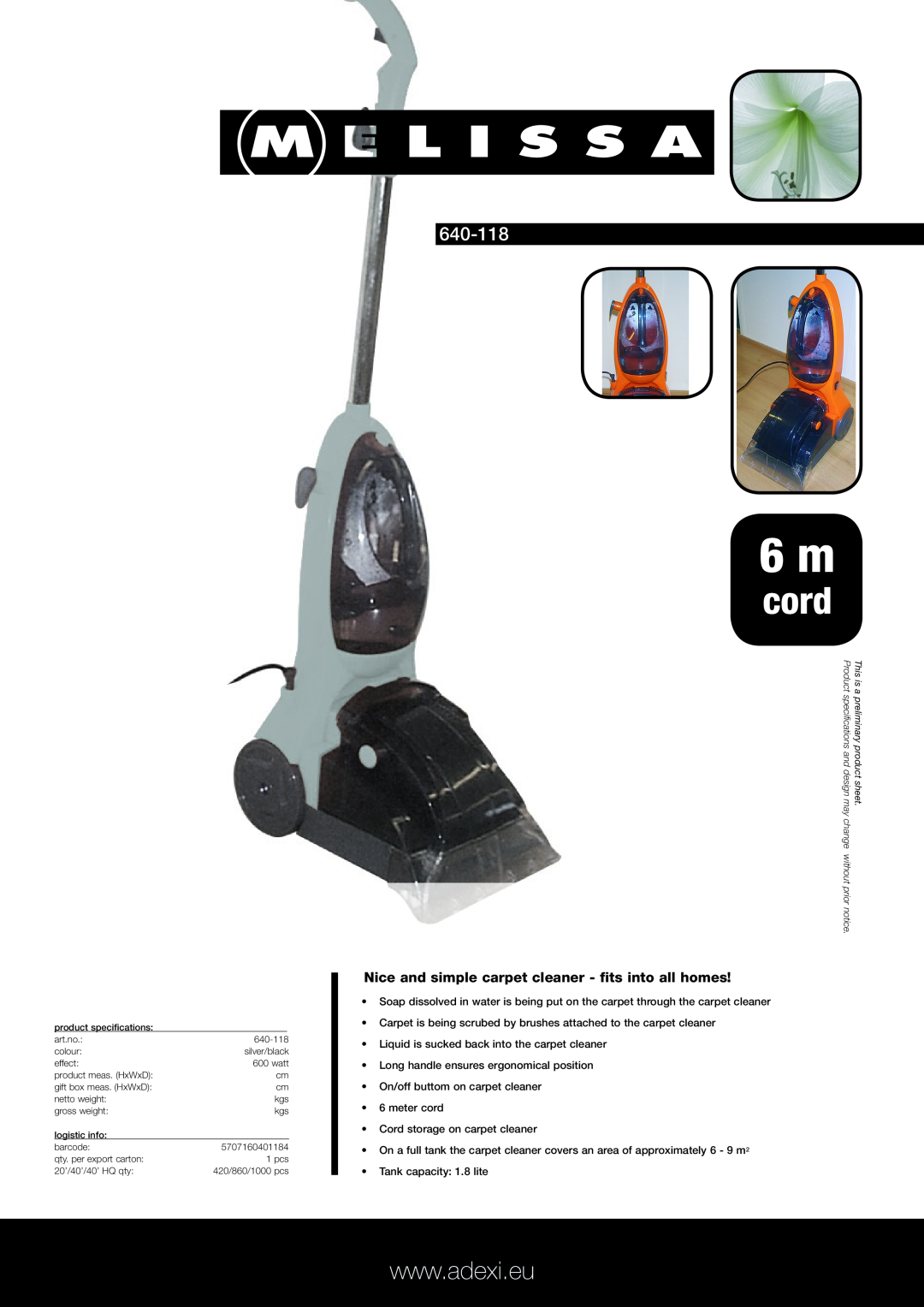 Melissa 640-118 specifications cord, Nice and simple carpet cleaner - fits into all homes 