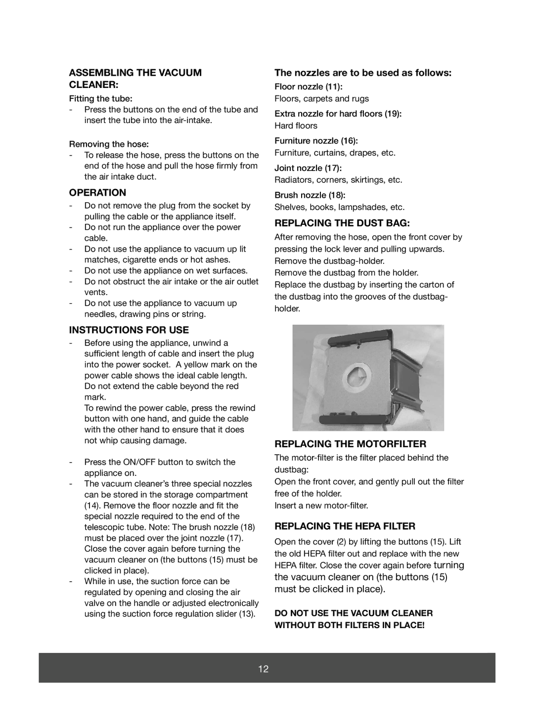 Melissa 640-119, 640-129, 640-117 Assembling the Vacuum Cleaner, Operation, Instructions for USE, Replacing the Dust BAG 