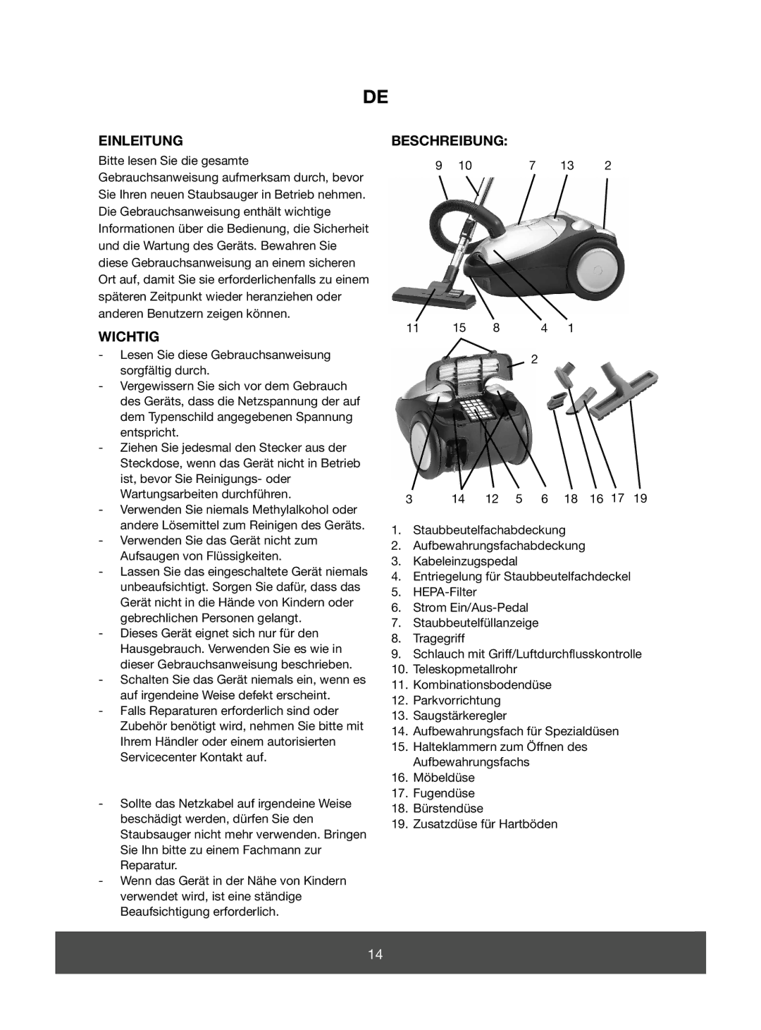 Melissa 640-117, 640-119, 640-129 manual Einleitung, Wichtig, Beschreibung 