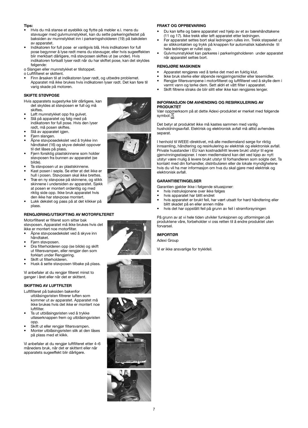 Melissa 640-121 Skifte Støvpose, RENGJØRING/UTSKIFTING AV Motorfilteret, Skifting AV Luftfilter, Frakt OG Oppbevaring 