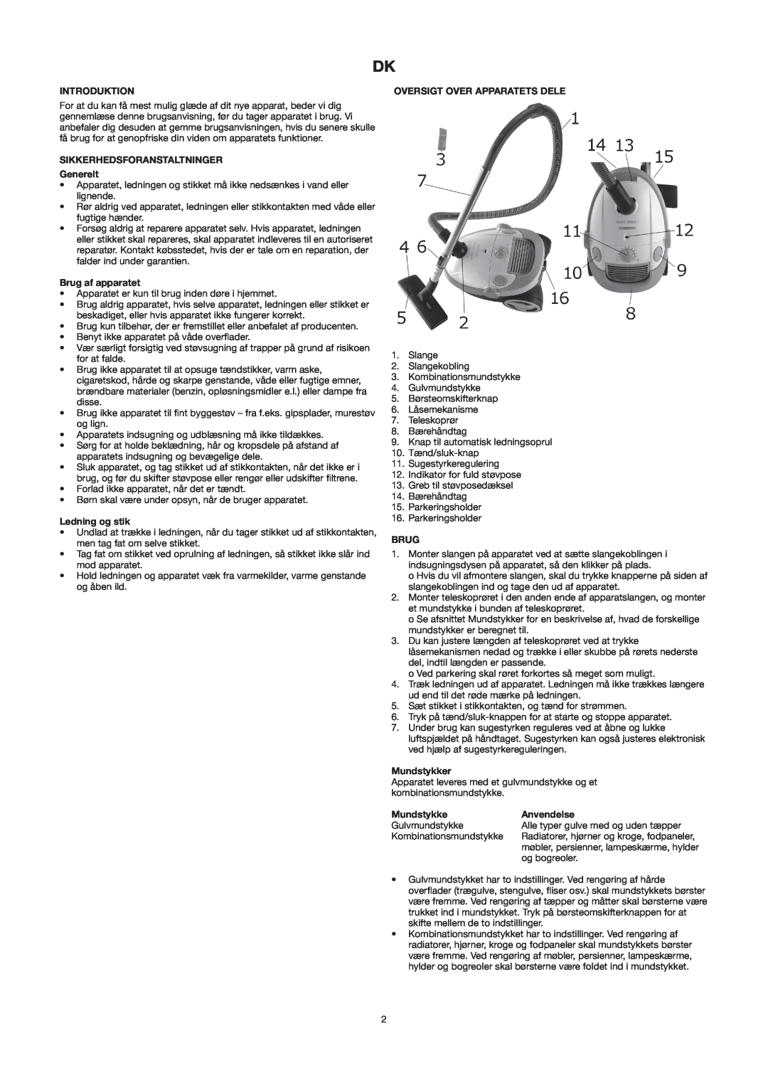 Melissa 640-121 manual Introduktion, SIKKERHEDSFORANSTALTNINGER Generelt, Brug af apparatet, Ledning og stik, Mundstykker 