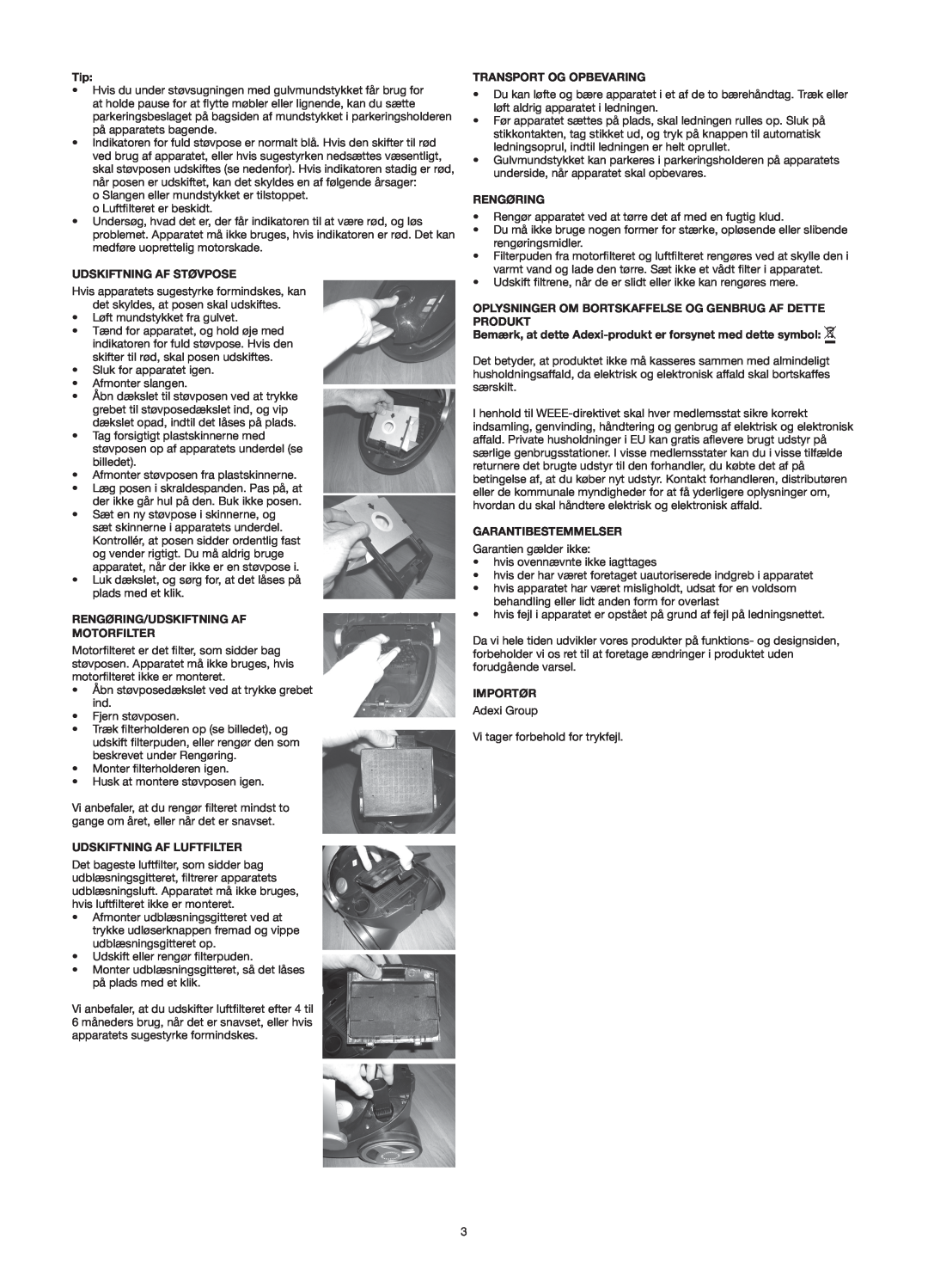 Melissa 640-121 manual Udskiftning Af Støvpose, Rengøring/Udskiftning Af Motorfilter, Udskiftning Af Luftfilter, Importør 