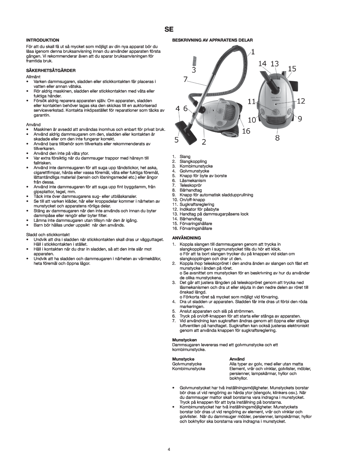 Melissa 640-121 manual Säkerhetsåtgärder, Beskrivning Av Apparatens Delar, Användning, Munstycken, Introduktion 