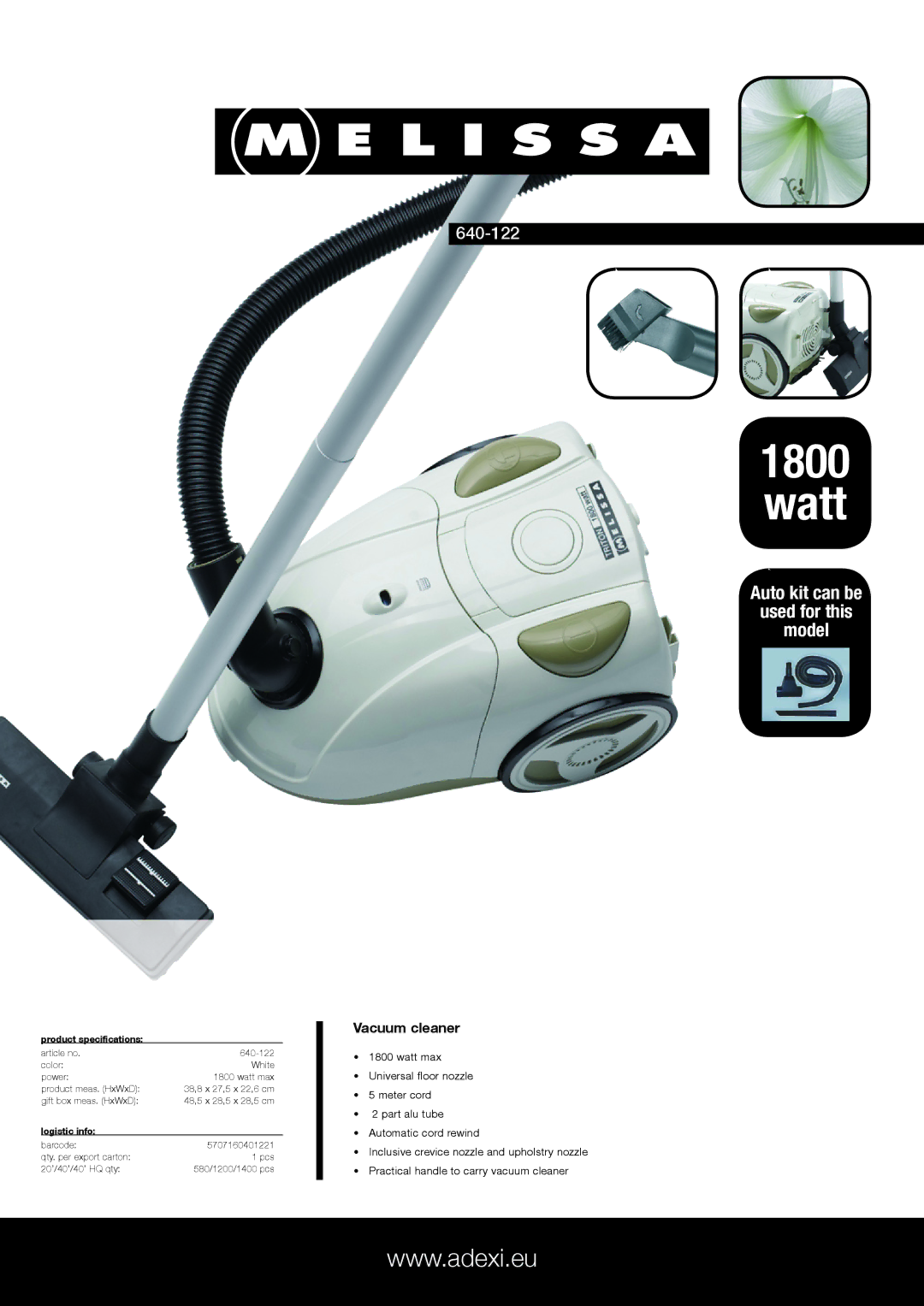 Melissa 640-122 specifications Watt, Auto kit can be Used for this Model, Vacuum cleaner, Product specifications 