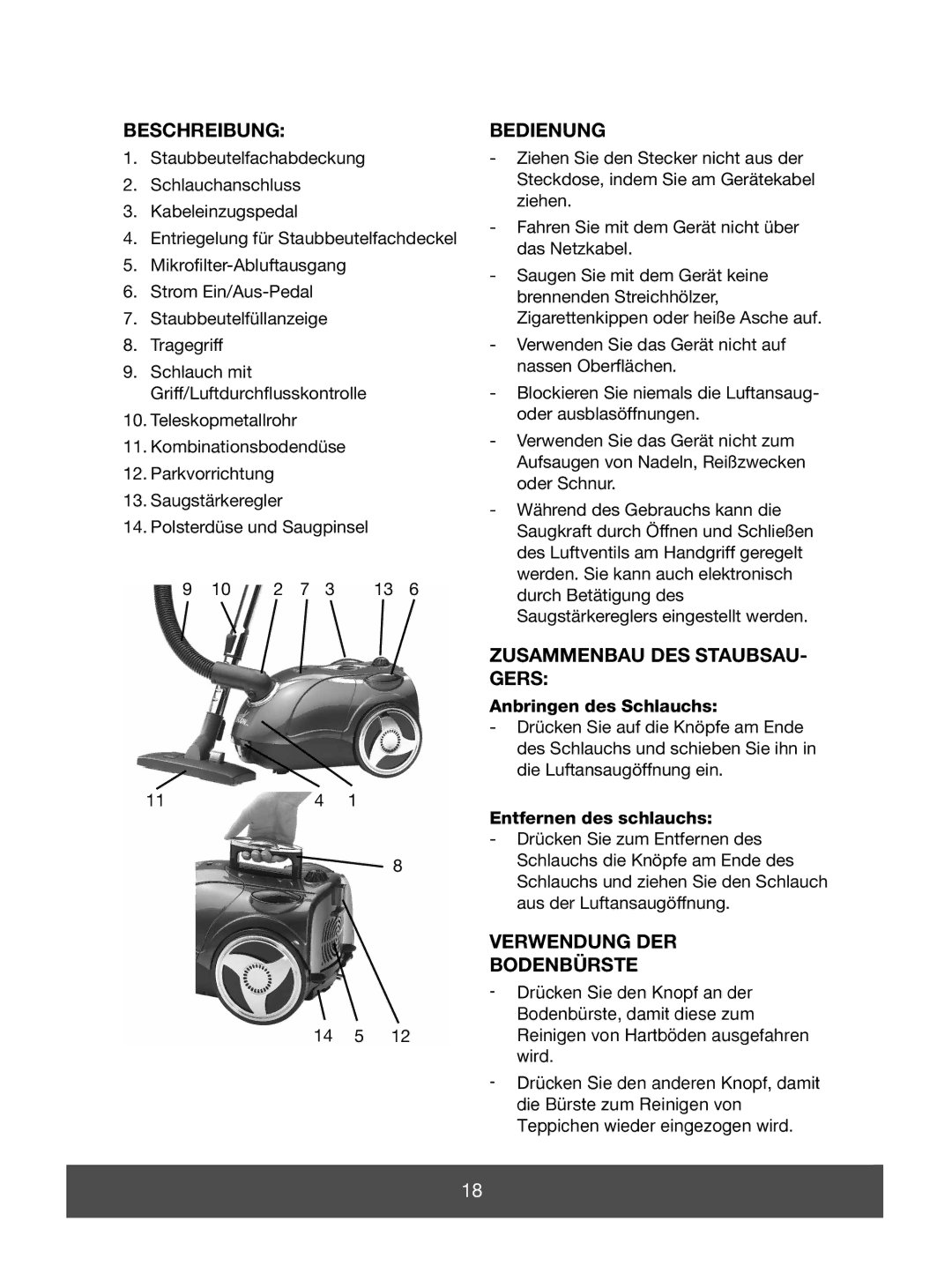 Melissa 640-123 manual Beschreibung, Bedienung, Zusammenbau DES STAUBSAU- Gers, Verwendung DER Bodenbürste 